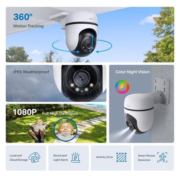 Cámara De Seguridad Exterior Tapo C520WS - 2K, Visión 360°, Detección De Personas Y Mascotas, Resistencia IP66